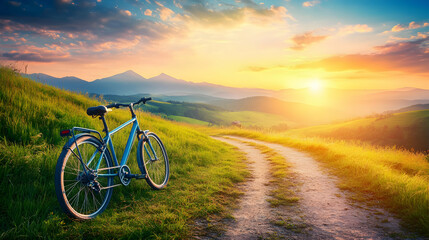 Obraz premium Serene sunset landscape with a bicycle on a hilltop path, showcasing vibrant colors and tranquil beauty. Ideal for travel, adventure, and healthy lifestyle themes.