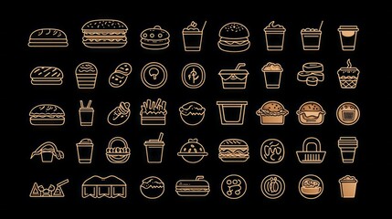 This captivating collection features an array of fast food icons, including burgers, fries, desserts, and beverages, all designed with sleek, minimalist lines on a dark background
