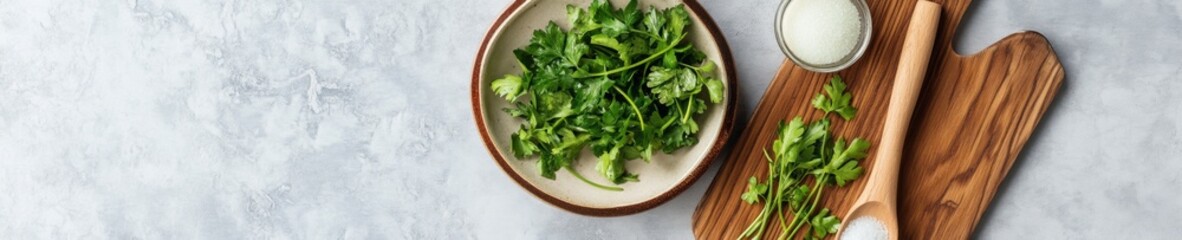 Nordic Culinary Setup Mise en Place with Fresh Herbs and Wooden Utensils on Stone Surface - Professional Gourmet Content and Food Styling for Modern Kitchens