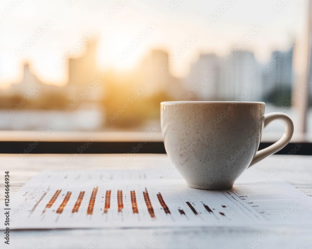 Poster modern workspace aesthetic coffee cup on financial graph printout with urban skyline - enhancing dat