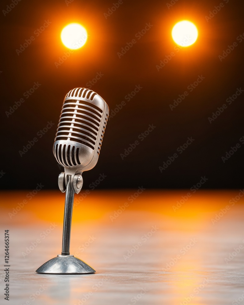 Aufkleber Vintage Microphone Elegance Retro Metallic Design with Stage Lights and Instruments - Event Content and Music Marketing for Entertainment Production