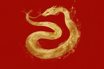 Fototapeta premium A golden snake poster with simple brushstrokes and red background for Chinese New Year