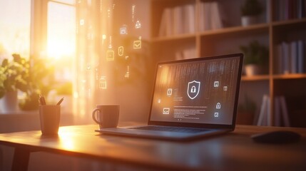 modern home office with a laptop displaying a secure login screen, Floating, semi-transparent security icons--lock symbols, shield graphics, and binary code--subtly blending into the background, 16:9
