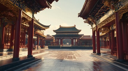 Ornate Asian architecture with traditional design and red pillars and tiled floor