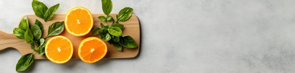 Fototapeta premium Nordic Culinary Aesthetics Bright Citrus Slices with Lush Herbs on Wooden Board - Fresh Produce Content and Sustainable Kitchen Merchandising