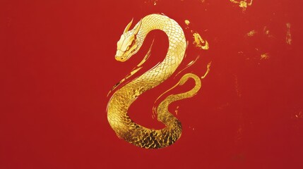 Obraz premium A golden snake poster with simple brushstrokes and red background for Chinese New Year