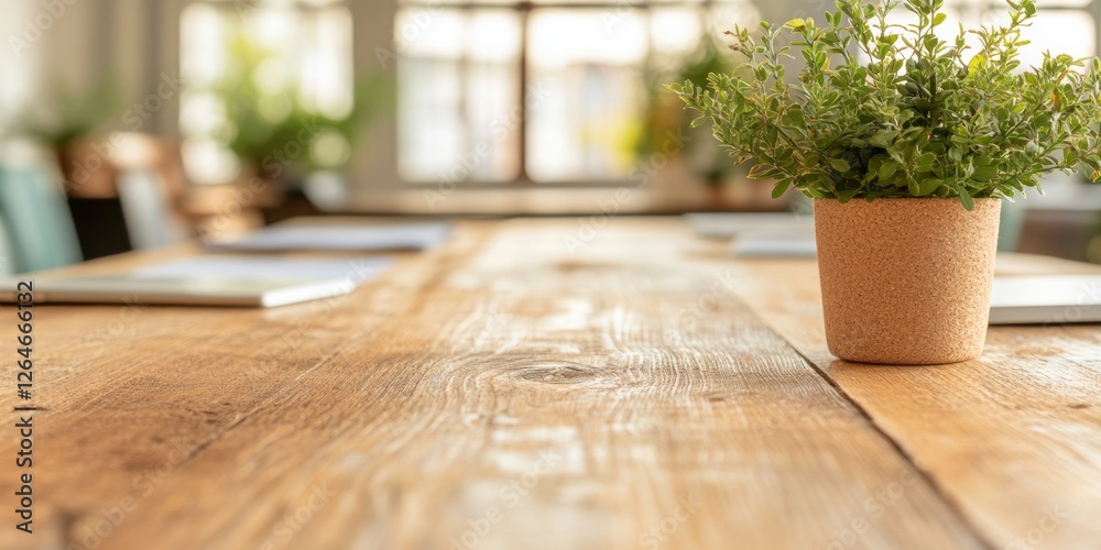 Poster rustic modern networking space wooden meeting table with potted green plant - business collaboration