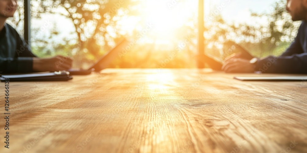 Leinwandbilder sunlit collaborative workspace rustic wooden table with diverse professionals and tech devices - bus