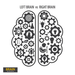 Left and right human brain concept. Brain with gears vector illustration.