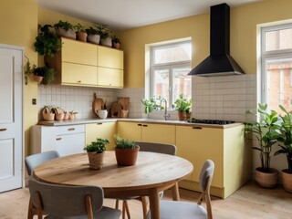 Fototapeta premium Bright and airy kitchen featuring yellow cabinets and many plants