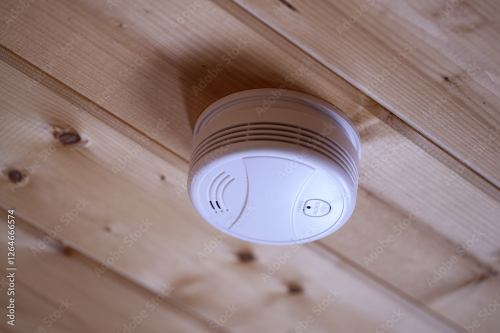 Poster a smoke detector installed on the ceiling of a house, providing early warning in case of fire.