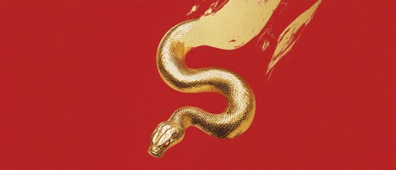 Fototapeta premium A golden snake poster with simple brushstrokes and red background for Chinese New Year