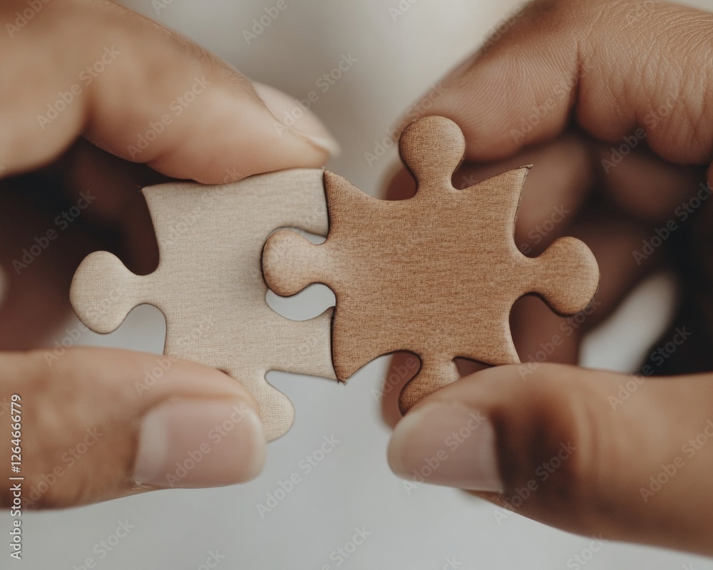 Poster tactile collaboration visual varied skin tone hands fitting puzzle pieces - inclusive team dynamics 