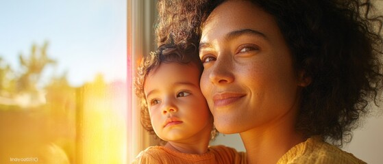 Warm Minimalist Home Scene Thoughtful Parent and Toddler by Window in Cozy Space - Genuine Family Moment for Lifestyle Branding and Modern Parenting Insights