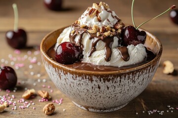 A tempting ice cream sundae with hot fudge, whipped cream, cherries and nuts, served in a decorative bowl, presented on a rustic wooden surface, a delectable treat.