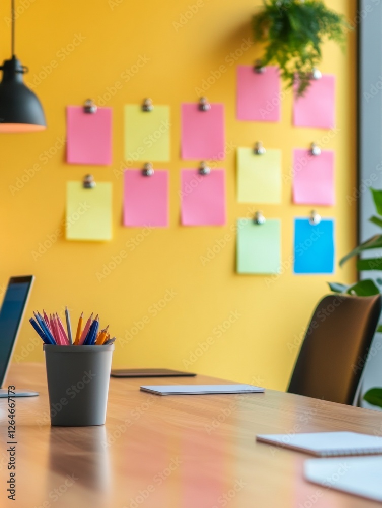 Fototapete vibrant collaborative workspace kanban board with colorful sticky notes and digital devices - agile 