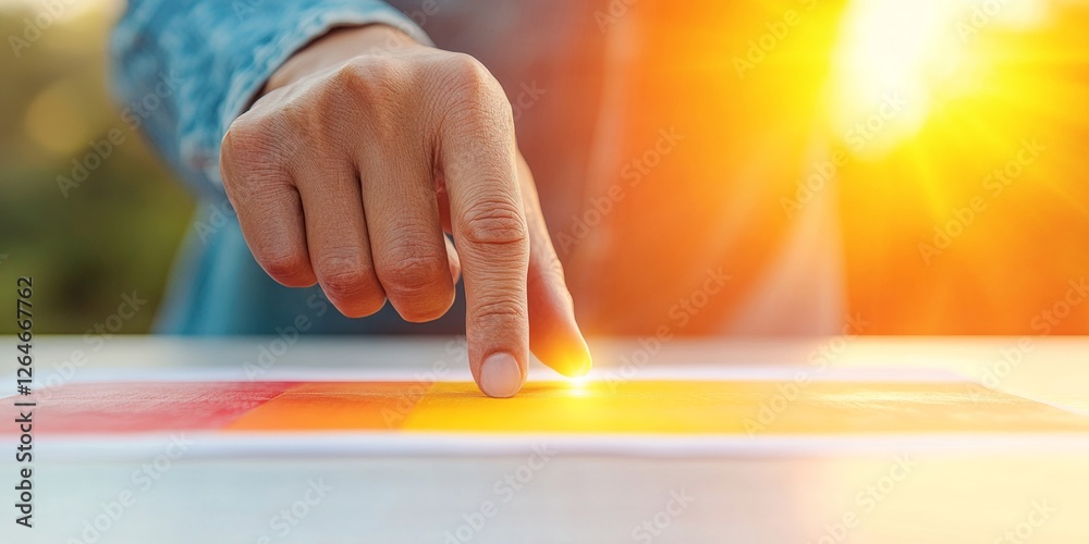 Poster Dynamic Light Interaction Sunlit Hand with Modern Digital Interface - Business Innovation and Interactive Tech for Engaging Market Analysis