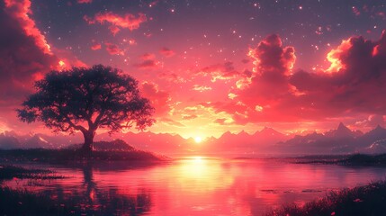 Fototapeta premium Serene twilight lake reflecting starlit skies and distant mountains landscape