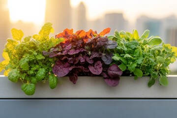 Minimalist Urban Hydroponic Setup Adaptive Balcony Garden with Colorful Edible Greens - Sustainable Lifestyle and Inclusive Urban Living Solutions