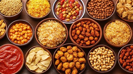 Indian food variety, bowls, table, overhead, restaurant menu