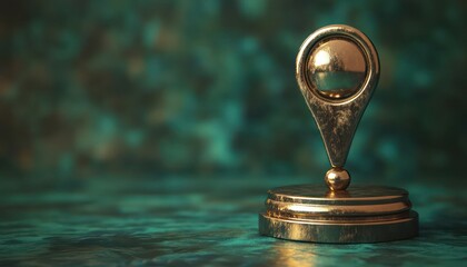Polished bronze location pin on a rich emerald green background vivid