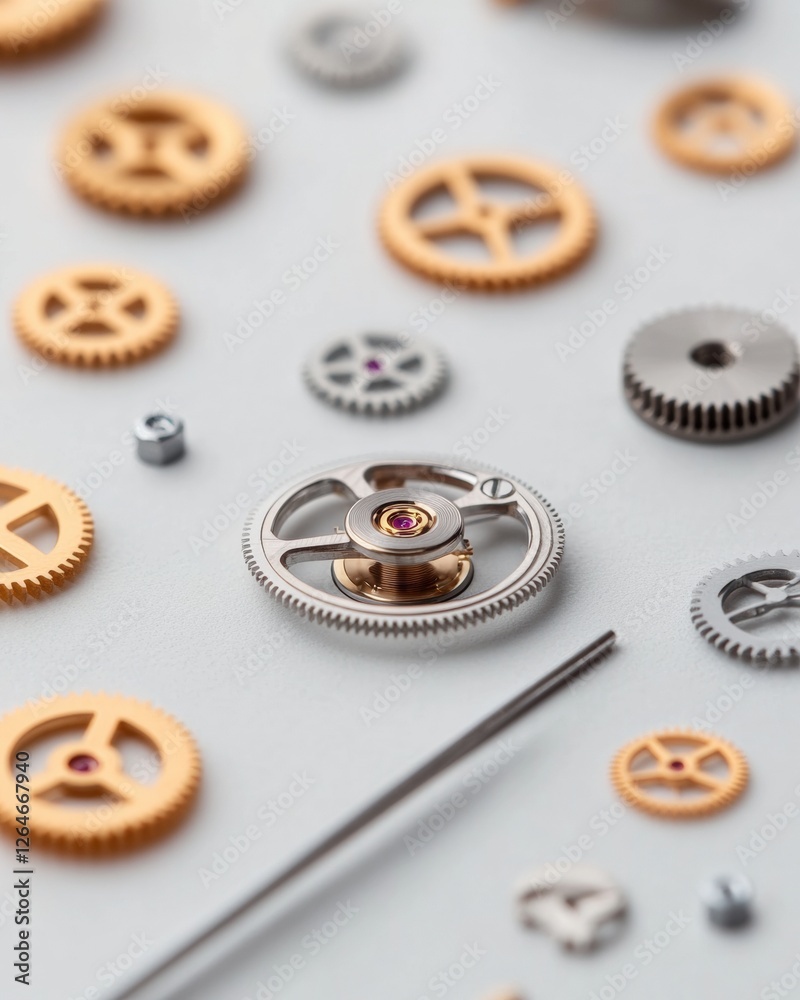 Aufkleber minimalist horological art precision gear arrangement on textured workbench luxury watchmaking conte