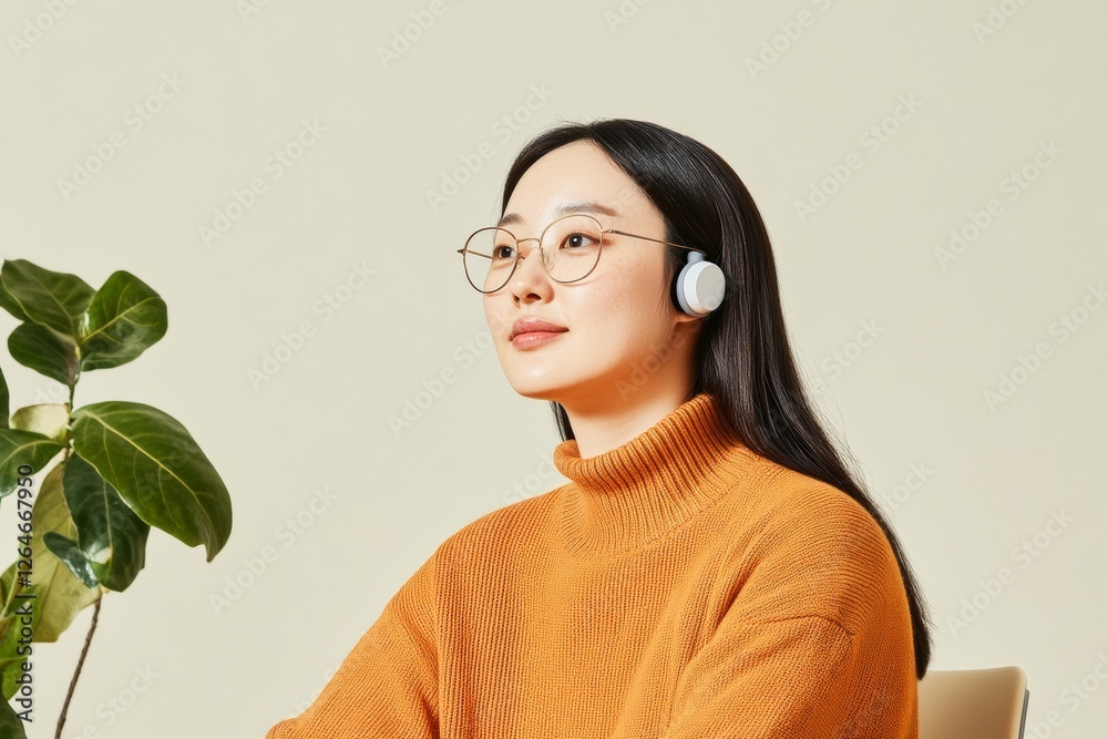 Aufkleber adaptive workspace design korean freelancer with cochlear implants at minimalist desk with smart ear