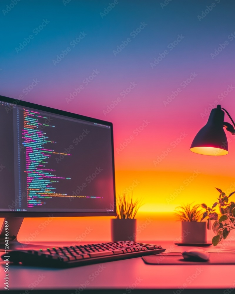 Fototapete Neon Gradient Coding Interface Sleek Developer Desk with Code Monitor and Devices - Innovative Tech Workspace and Digital Product Design for Cutting-Edge Software Solutions