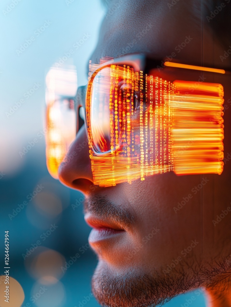 Aufkleber Dynamic Holographic Display Young Professional Using Futuristic Smart Glasses for Advanced Data Interface in Tech Workspace - Cutting-Edge Digital Tools and Business Analytics