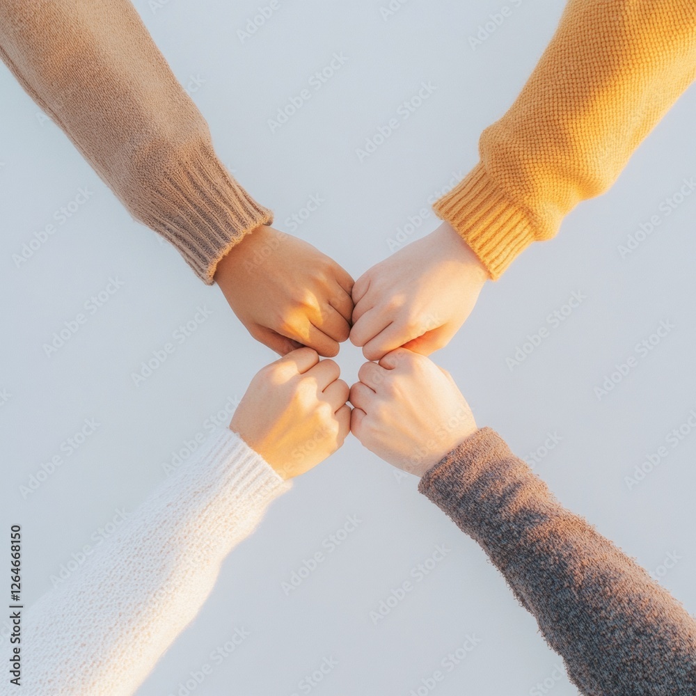 Aufkleber Modern Team Cohesion Four Diverse Hands in Cozy Knit Textures - Fostering Workplace Unity and Inclusive Collaboration for Business Innovation in a Digitally-Driven Environment