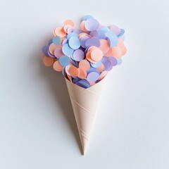 A whimsical arrangement of pastel confetti in a paper cone, evoking a sense of celebration and creativity, ideal for festive designs and joyful backgrounds.