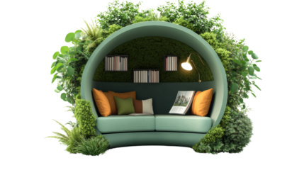 Cozy green reading nook urban environment interior design natural aesthetics inviting perspective tranquil concept for relaxation