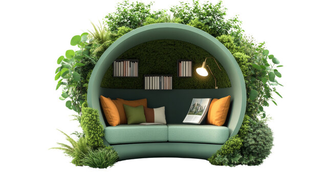 Cozy green reading nook urban environment interior design natural aesthetics inviting perspective tranquil concept for relaxation
