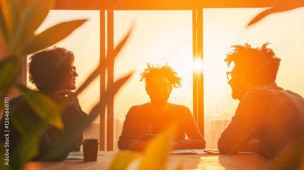 Poster sunlit collaborative workspace casual team discussion with coffee in modern office - enhancing creat