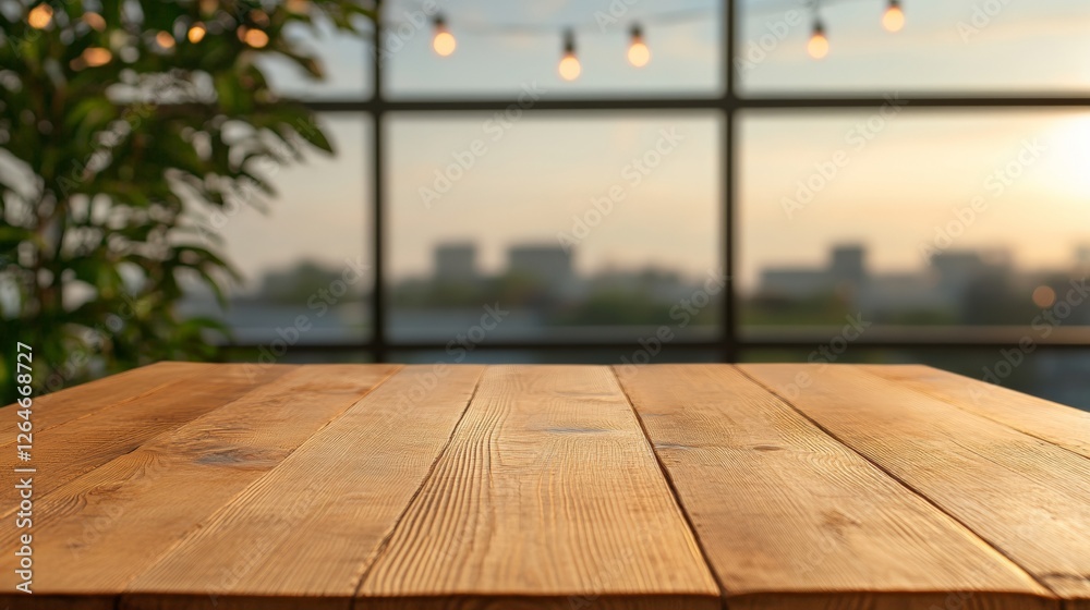 Aufkleber ambient dining space rustic wooden table with bokeh string lights and brick wall - hospitality venue