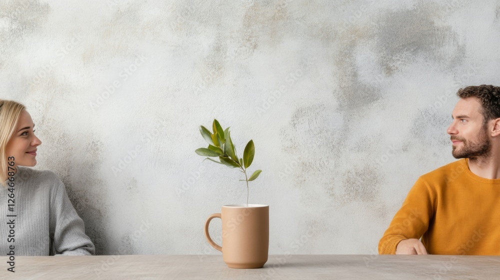 Poster casual collaborative workspace ceramic mug and olive branch symbolize team reflection in modern offi