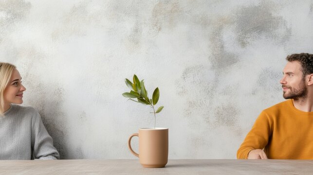 Casual Collaborative Workspace Ceramic Mug and Olive Branch Symbolize Team Reflection in Modern Office - Business Innovation and Creative Process Enhancement - Powered by Adobe