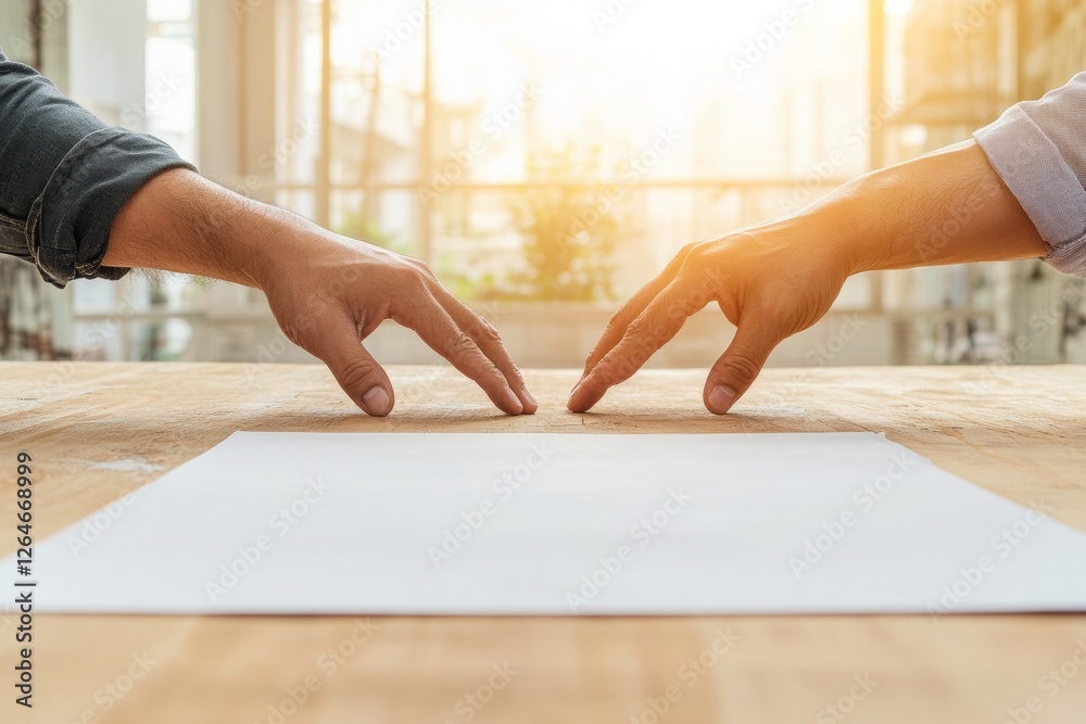 Leinwandbilder Collaborative Workspace Dynamics Hands on Polished Oak Table with Sunlit Background - Strategic Ideas Exchange and Team Synergy for Innovative Project Management in Modern Offices