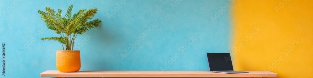 Poster Vibrant Minimalist Medical Workspace Mid-Century Desk with Laptop and Chart - Modern Healthcare Office Aesthetic for Interactive Patient Communication and Efficient Documentation
