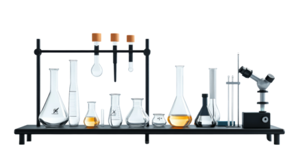Scientific experiment setup laboratory glassware collection controlled environment top view chemistry exploration