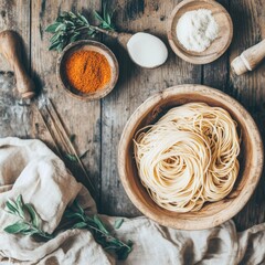 Rustic Culinary Aesthetic Authentic Italian Pasta Nest Arrangement on Wooden Surface with Dried Herbs - Artisanal Food Content for Culinary Marketing and Traditional Recipe Showcases