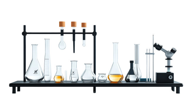 Scientific experiment setup laboratory glassware collection controlled environment top view chemistry exploration