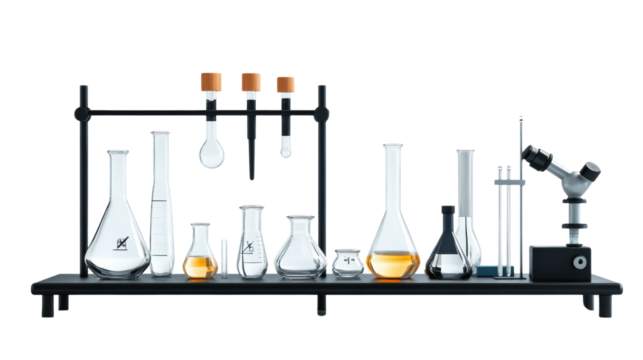 Scientific experiment setup laboratory glassware collection controlled environment top view chemistry exploration