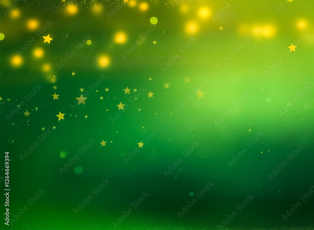 Sticker a green gradient backdrop transitions from dark to light, adorned with yellow bokeh and star shapes 