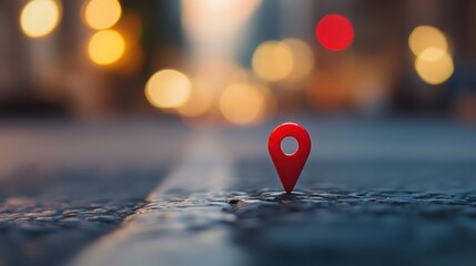 A red location pin centered on empty city street with bokeh lights