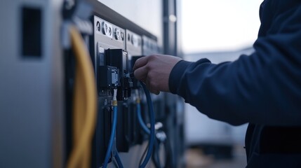 Technician connecting cables to electrical panel.