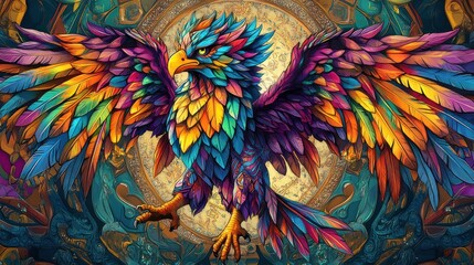 Obraz premium Colorful phoenix with spread wings, front view, on an ornate background. Use for art or decoration