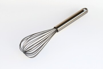 Stainless steel whisk kitchen tool, culinary cooking utensil on a white background, perfect for showcasing kitchen equipment in online stores and promotional material.