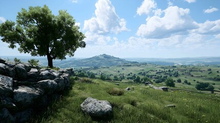 Green Valley Landscape With Tree On Rocky Outcrop