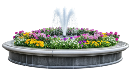 Colorful floral fountain display in urban park outdoor garden vibrant nature scene scenic view tranquility concept